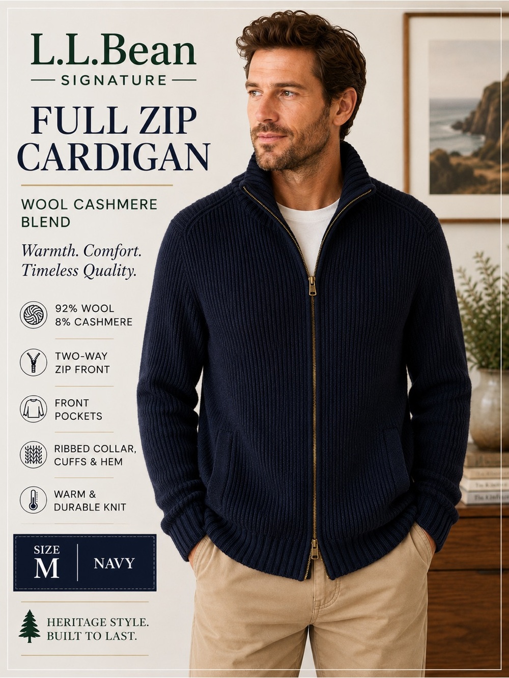 Signature Navy Full-Zip Ribbed Wool-Cashmere Sweater